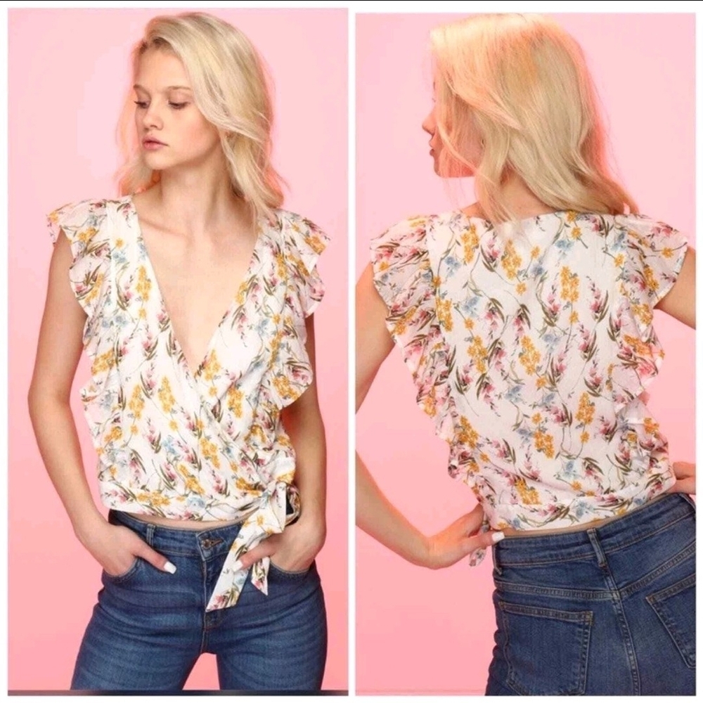 NWT Line + Dot Floral Ruffle Wrap Tie Top S Flutter Sleeve Coquette Cottagecore